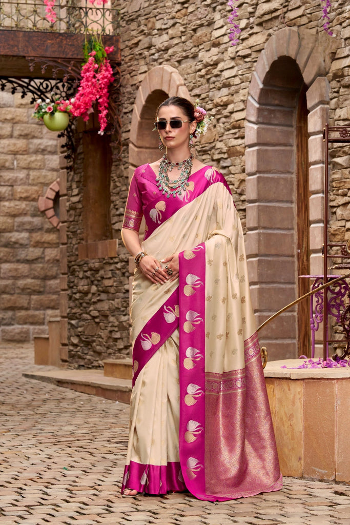  Cream Magenta with Gold Zari Motifs and Rich Woven Border 