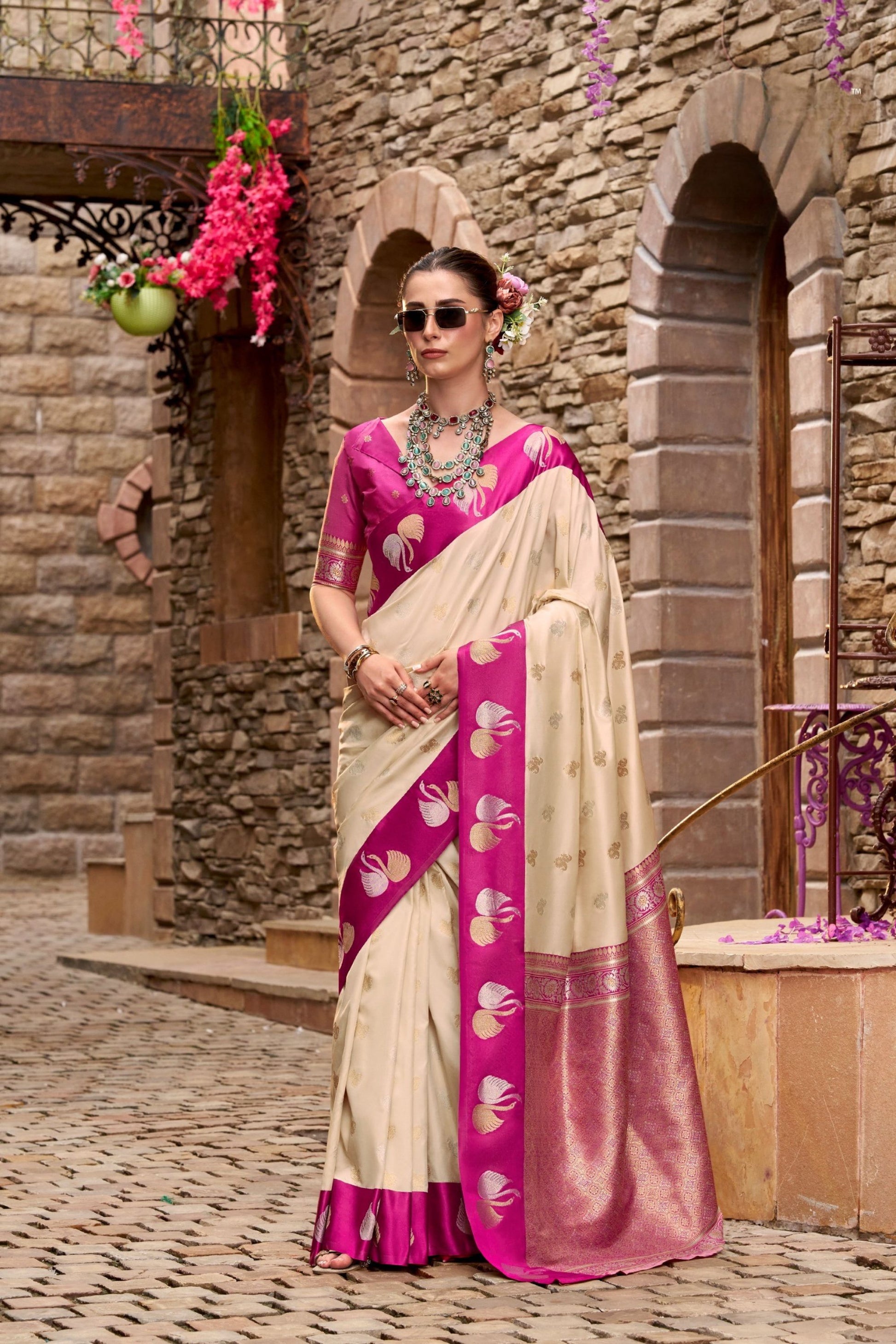  Cream Magenta with Gold Zari Motifs and Rich Woven Border 