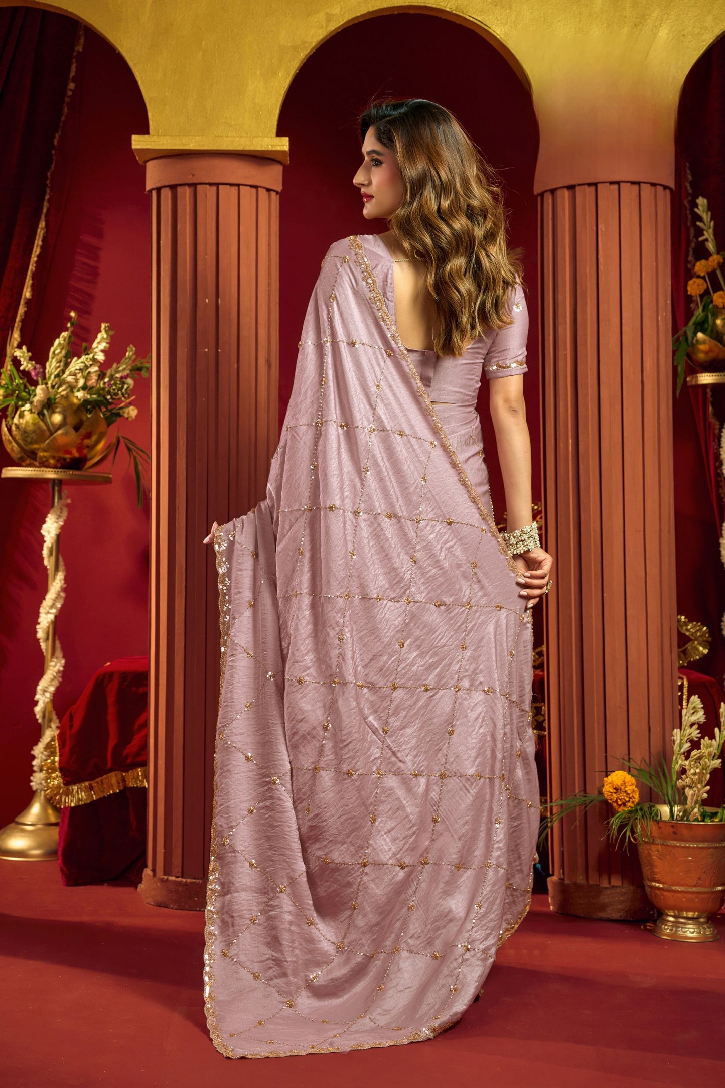 Premium Mauve Velvet Silk Saree Beads Sequins Work for Women