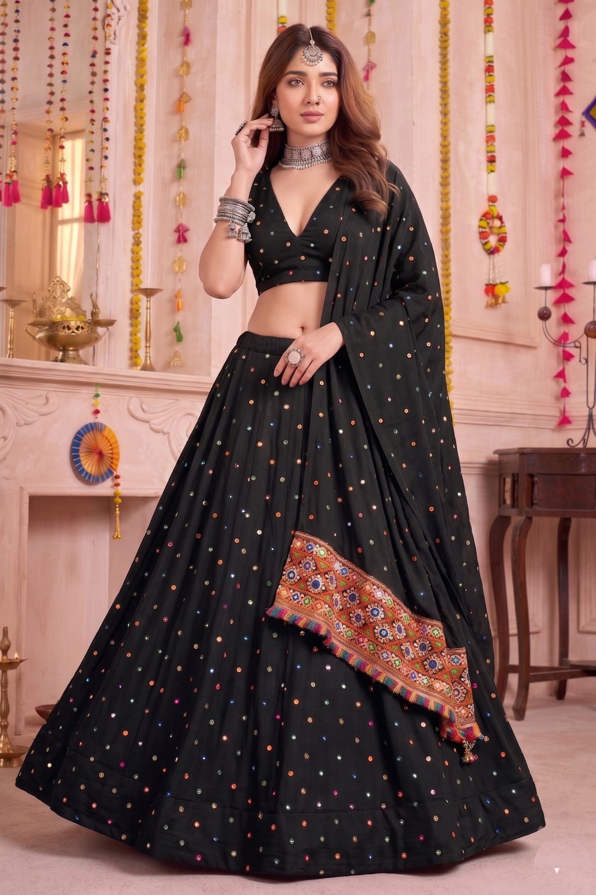 Stunning Black Multicolor Rayon Thread Work Designer Lehenga Choli with Dupatta