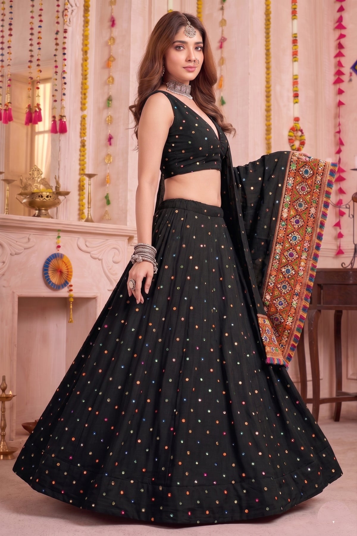 Stunning Black Multicolor Rayon Thread Work Designer Lehenga Choli with Dupatta