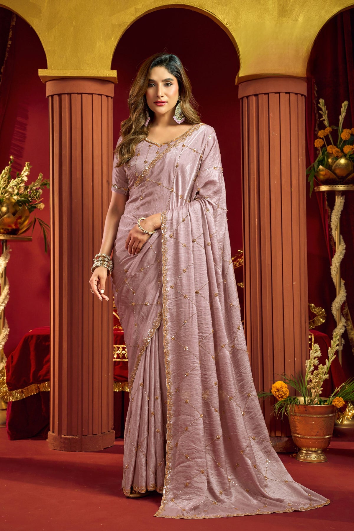 Premium Mauve Velvet Silk Saree Beads Sequins Work for Women
