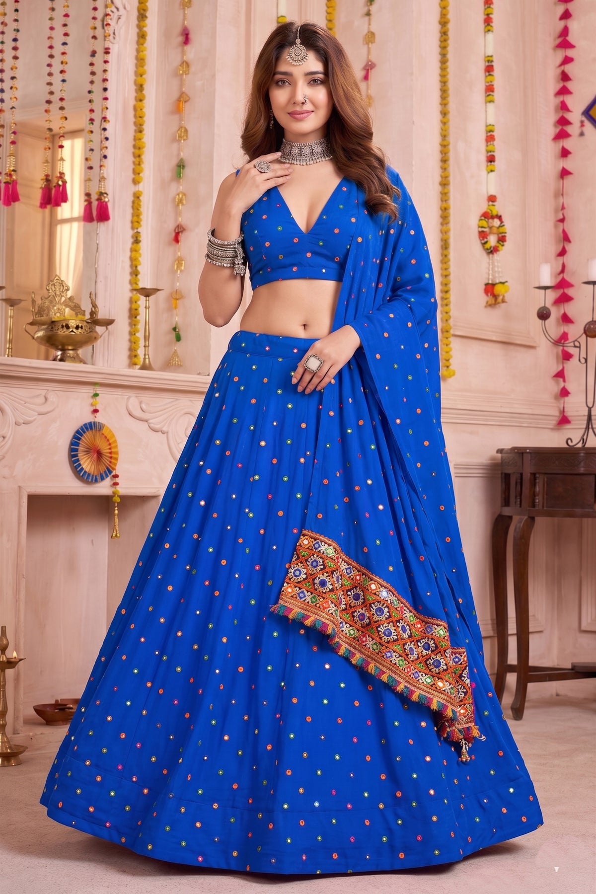 Graceful Royal Blue Multicolor Rayon Thread Work Designer Lehenga Choli with Dupatta