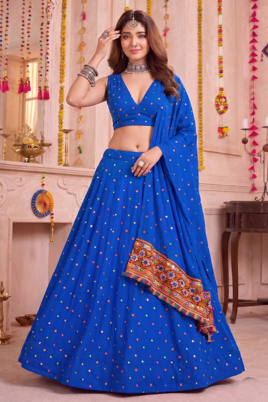Graceful Royal Blue Multicolor Rayon Thread Work Designer Lehenga Choli with Dupatta