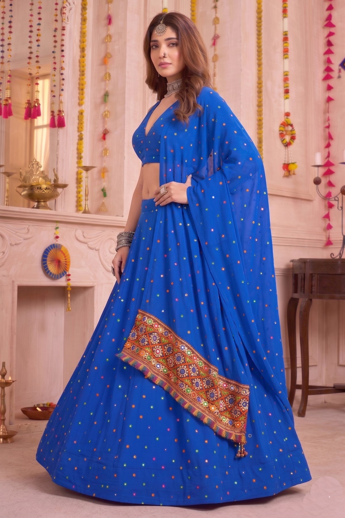 Graceful Royal Blue Multicolor Rayon Thread Work Designer Lehenga Choli with Dupatta