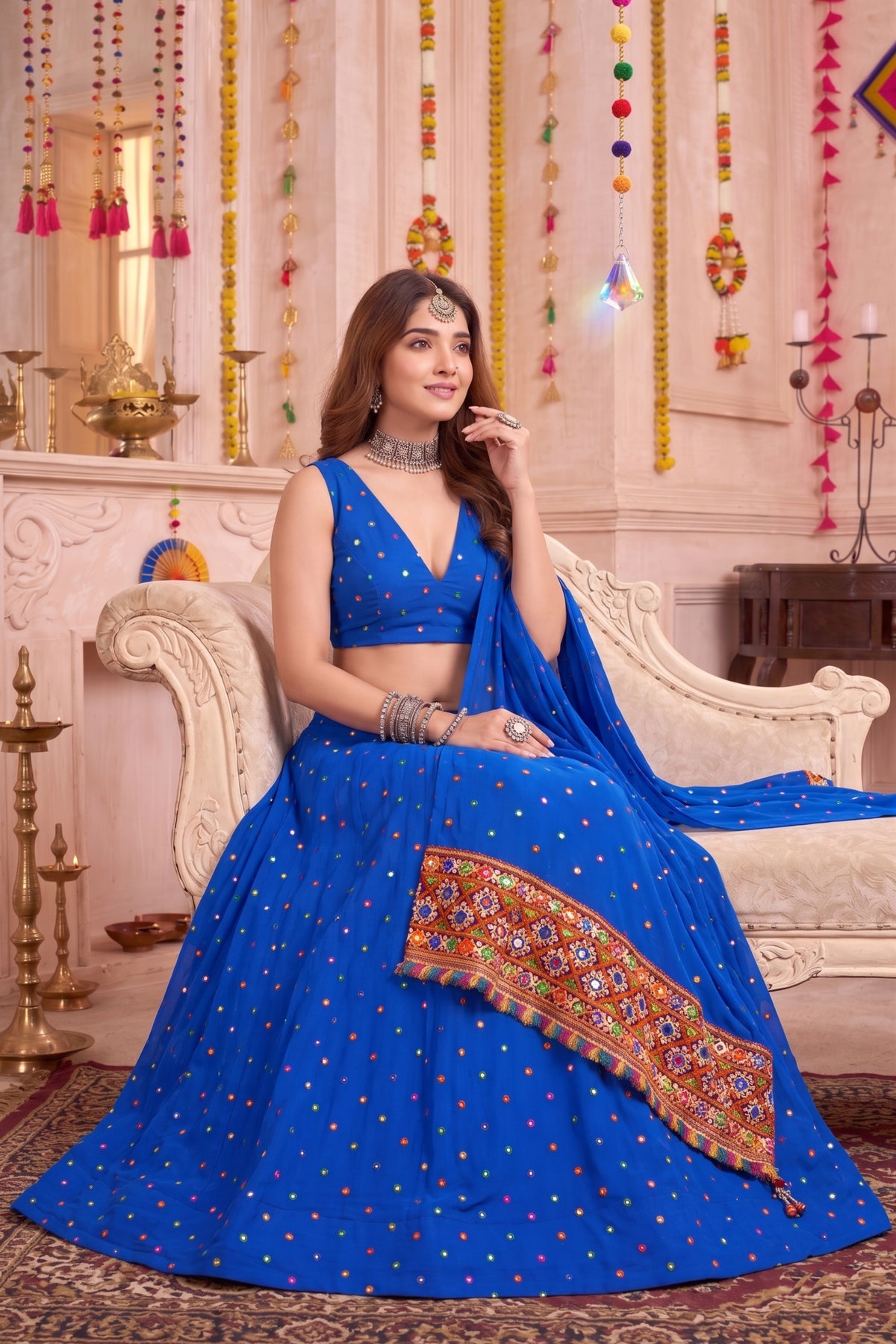 Graceful Royal Blue Multicolor Rayon Thread Work Designer Lehenga Choli with Dupatta