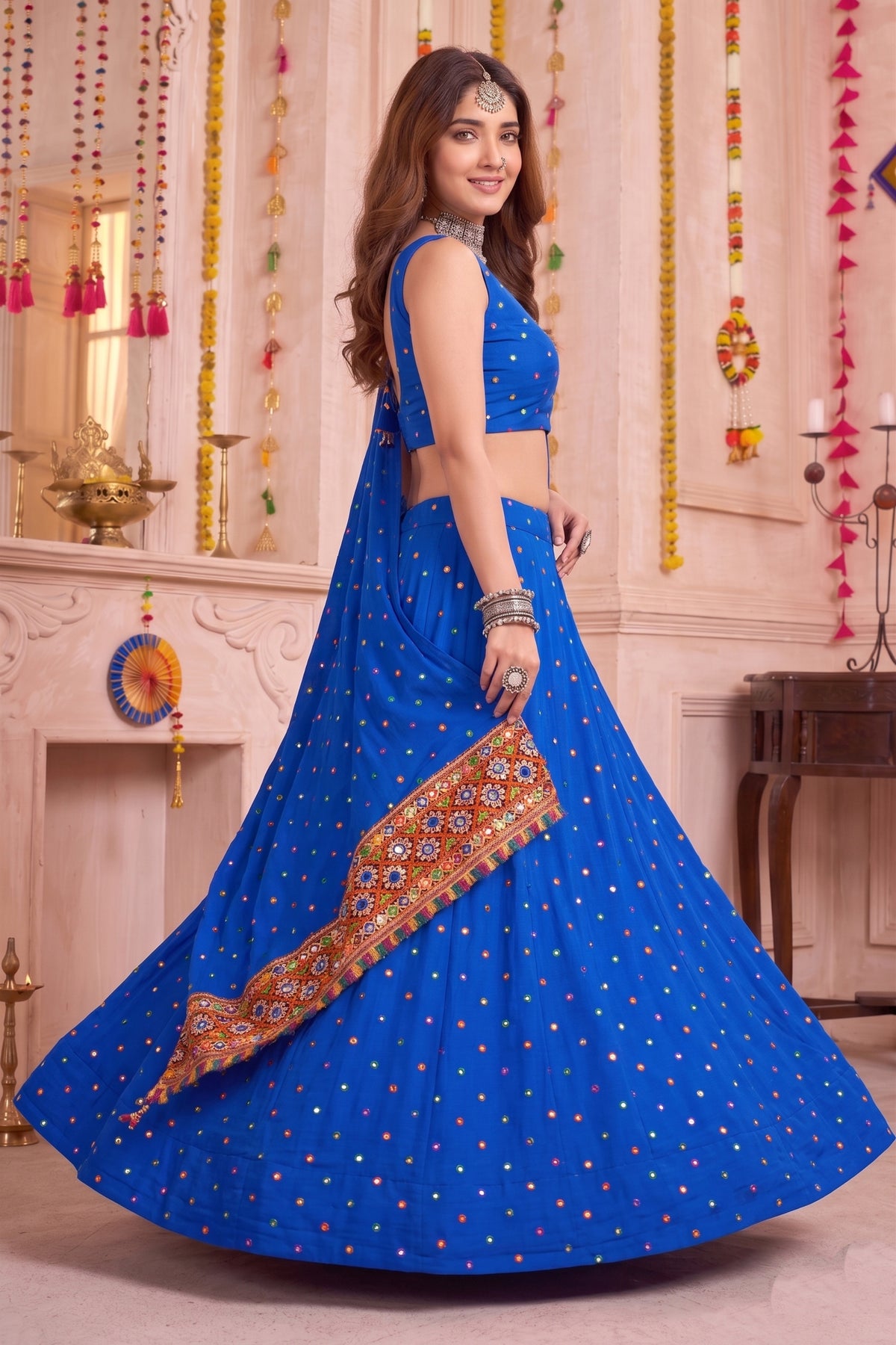 Graceful Royal Blue Multicolor Rayon Thread Work Designer Lehenga Choli with Dupatta