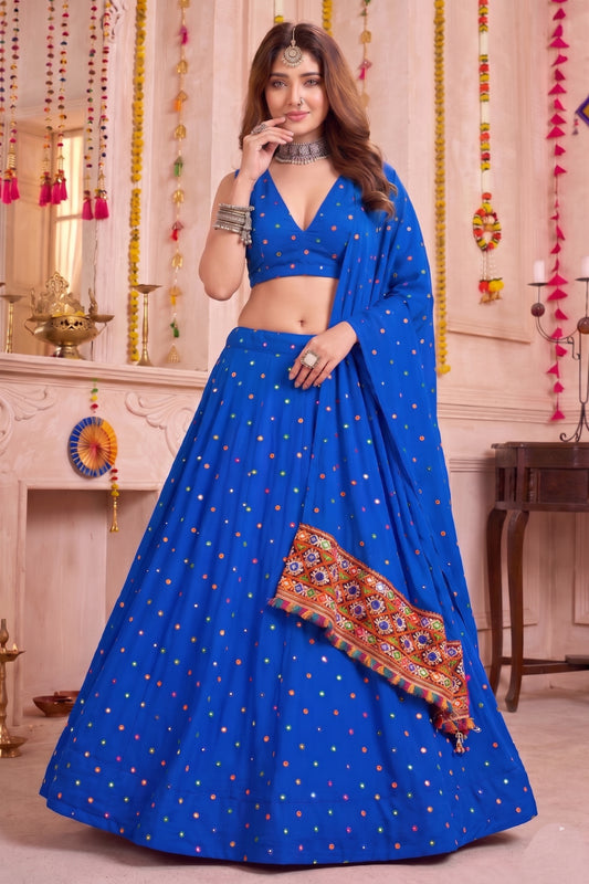 Graceful Royal Blue Multicolor Rayon Thread Work Designer Lehenga Choli with Dupatta