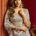 Stylish Grey Velvet Silk Saree Beads Sequins Work for Women