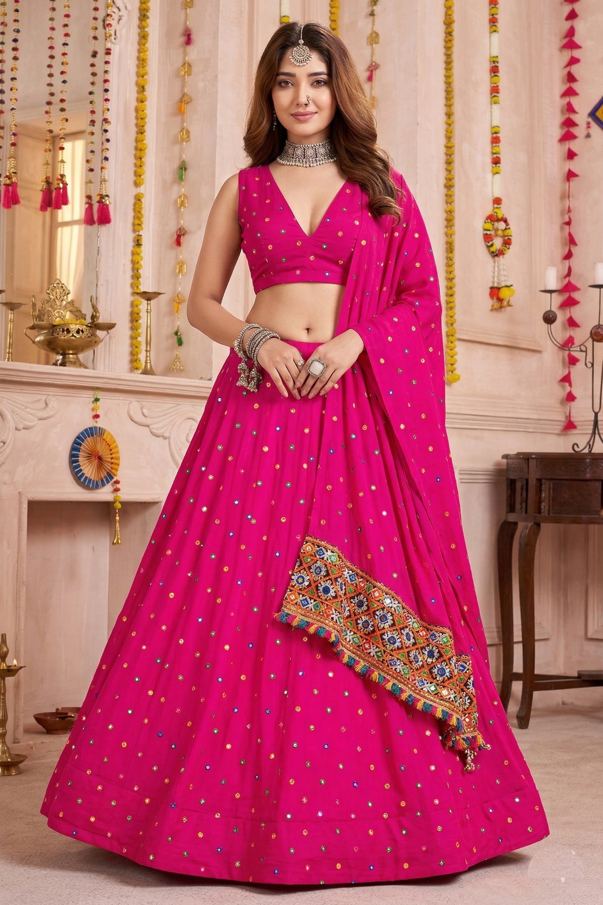 Beautiful Rani Pink Multicolor Rayon Thread Work Designer Lehenga Choli with Dupatta