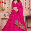 Beautiful Rani Pink Multicolor Rayon Thread Work Designer Lehenga Choli with Dupatta