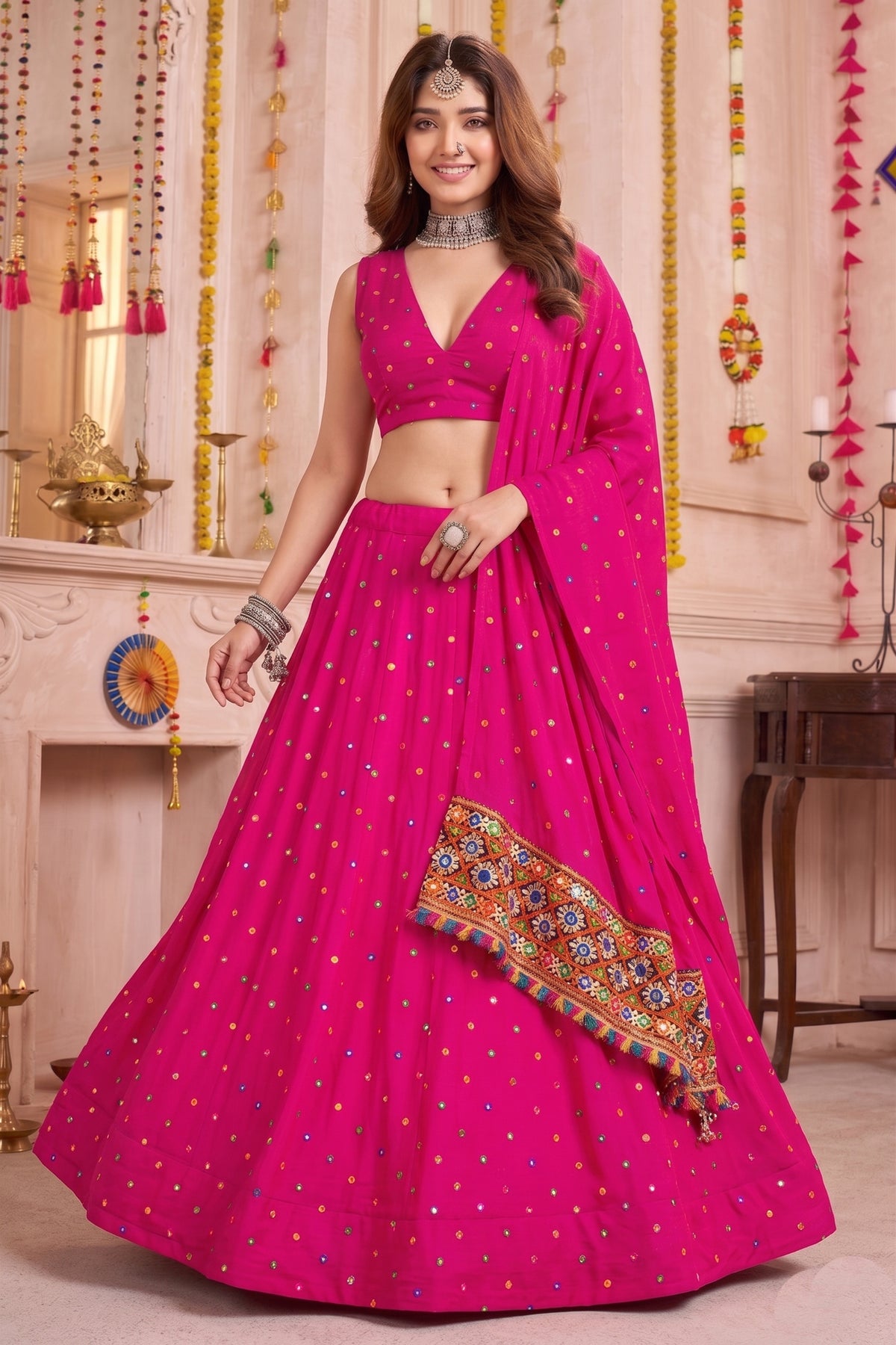 Beautiful Rani Pink Multicolor Rayon Thread Work Designer Lehenga Choli with Dupatta