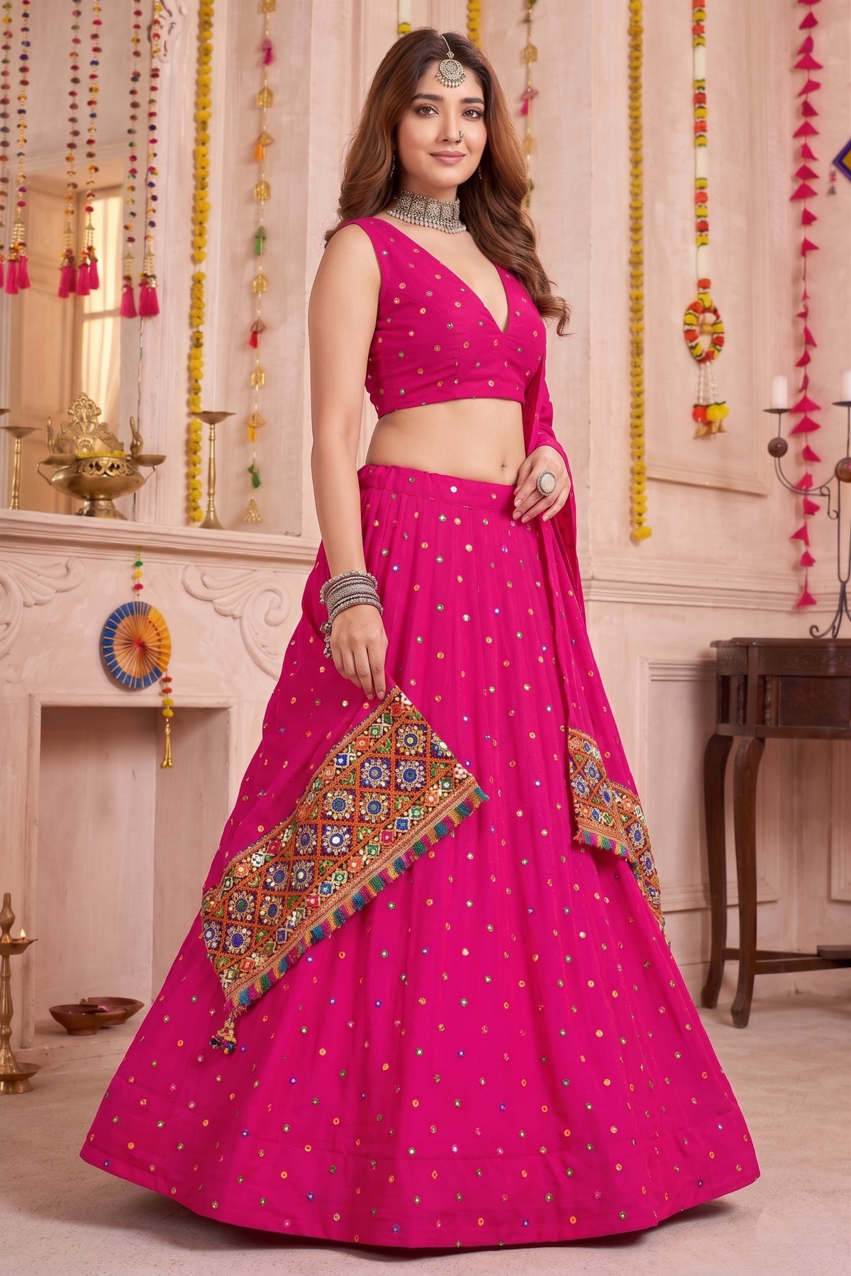 Beautiful Rani Pink Multicolor Rayon Thread Work Designer Lehenga Choli with Dupatta