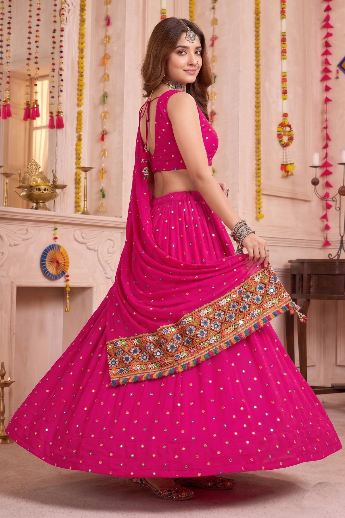 Beautiful Rani Pink Multicolor Rayon Thread Work Designer Lehenga Choli with Dupatta