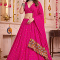 Beautiful Rani Pink Multicolor Rayon Thread Work Designer Lehenga Choli with Dupatta