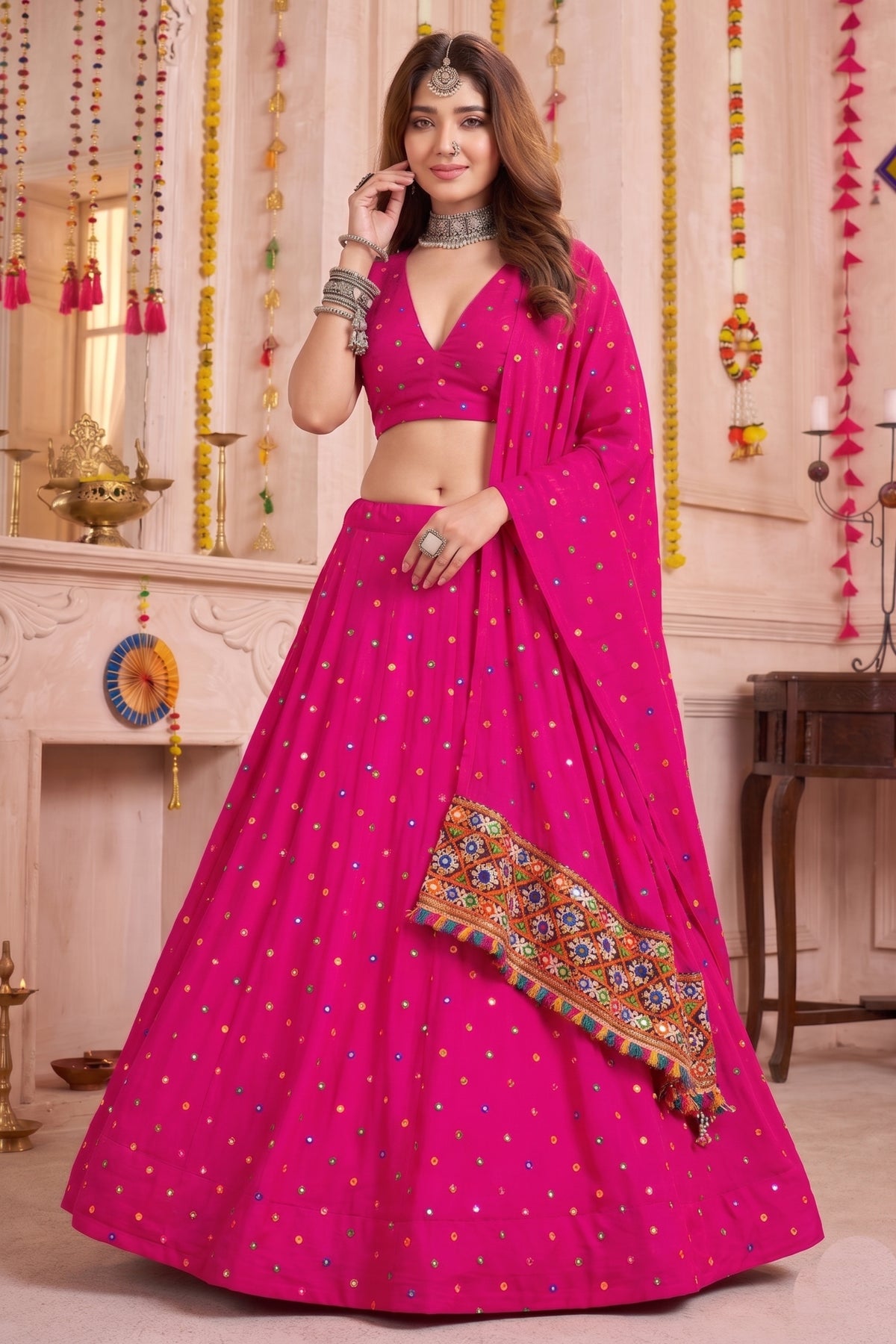 Beautiful Rani Pink Multicolor Rayon Thread Work Designer Lehenga Choli with Dupatta