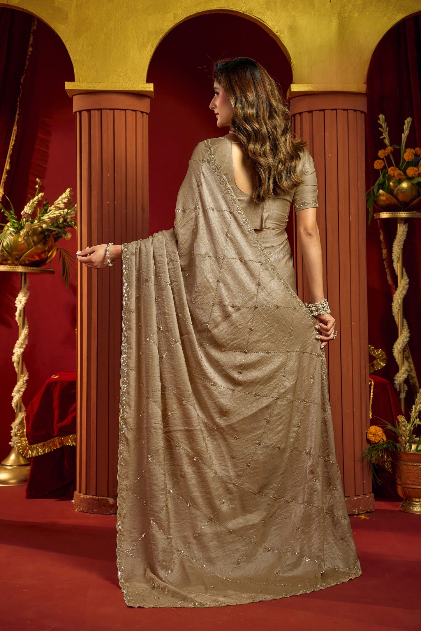 Grateful Beige Velvet Silk Saree Beads Sequins Work for Women