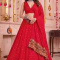 Gorgeous Red Multicolor Rayon Thread Work Designer Lehenga Choli with Dupatta