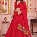 Gorgeous Red Multicolor Rayon Thread Work Designer Lehenga Choli with Dupatta