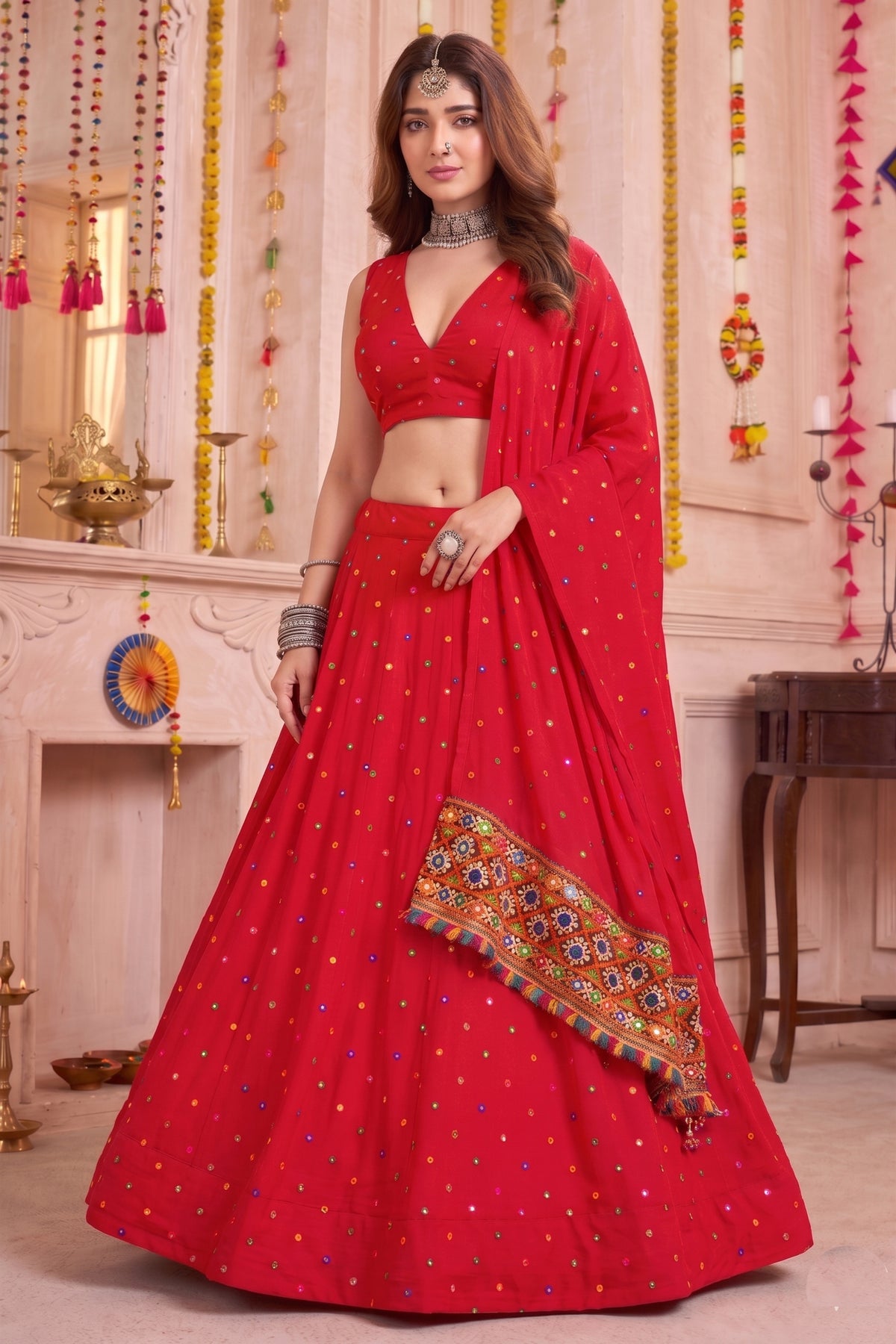 Gorgeous Red Multicolor Rayon Thread Work Designer Lehenga Choli with Dupatta
