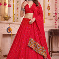 Gorgeous Red Multicolor Rayon Thread Work Designer Lehenga Choli with Dupatta