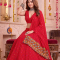 Gorgeous Red Multicolor Rayon Thread Work Designer Lehenga Choli with Dupatta