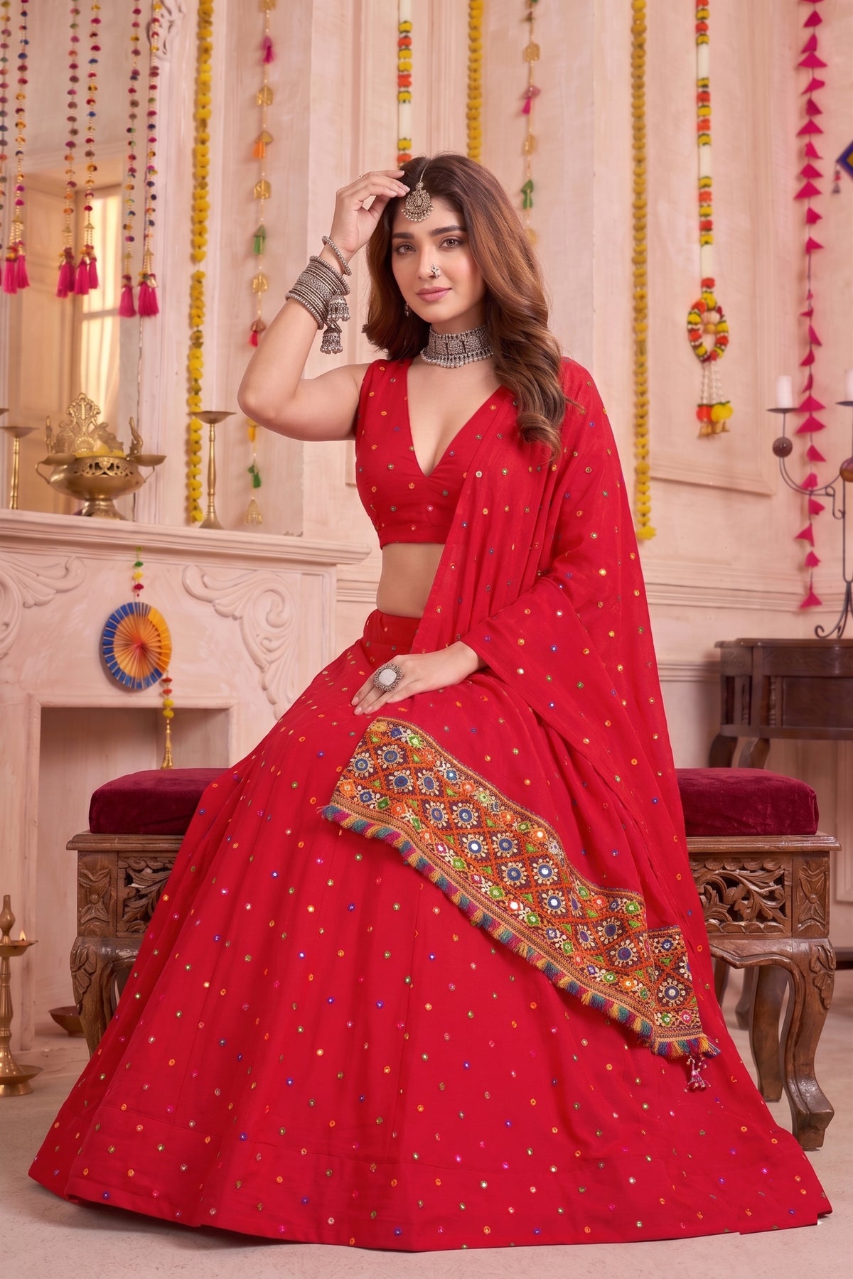 Gorgeous Red Multicolor Rayon Thread Work Designer Lehenga Choli with Dupatta