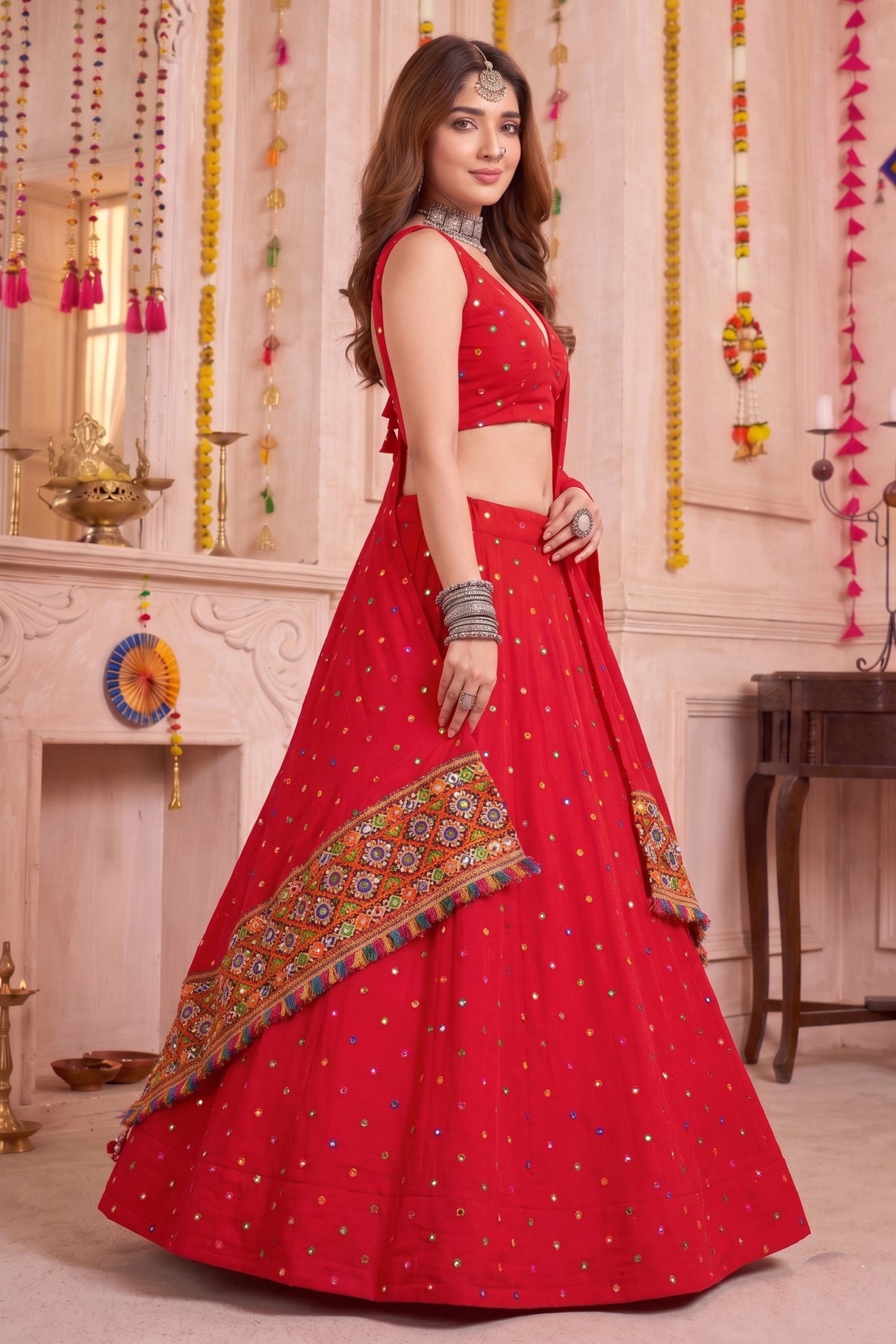 Gorgeous Red Multicolor Rayon Thread Work Designer Lehenga Choli with Dupatta