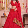 Gorgeous Red Multicolor Rayon Thread Work Designer Lehenga Choli with Dupatta