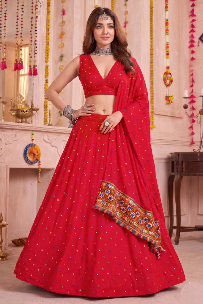 Gorgeous Red Multicolor Rayon Thread Work Designer Lehenga Choli with Dupatta