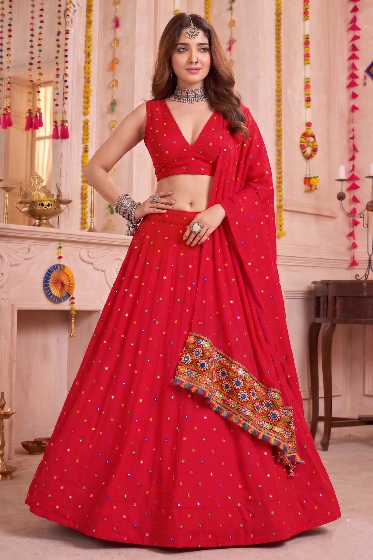 Gorgeous Red Multicolor Rayon Thread Work Designer Lehenga Choli with Dupatta