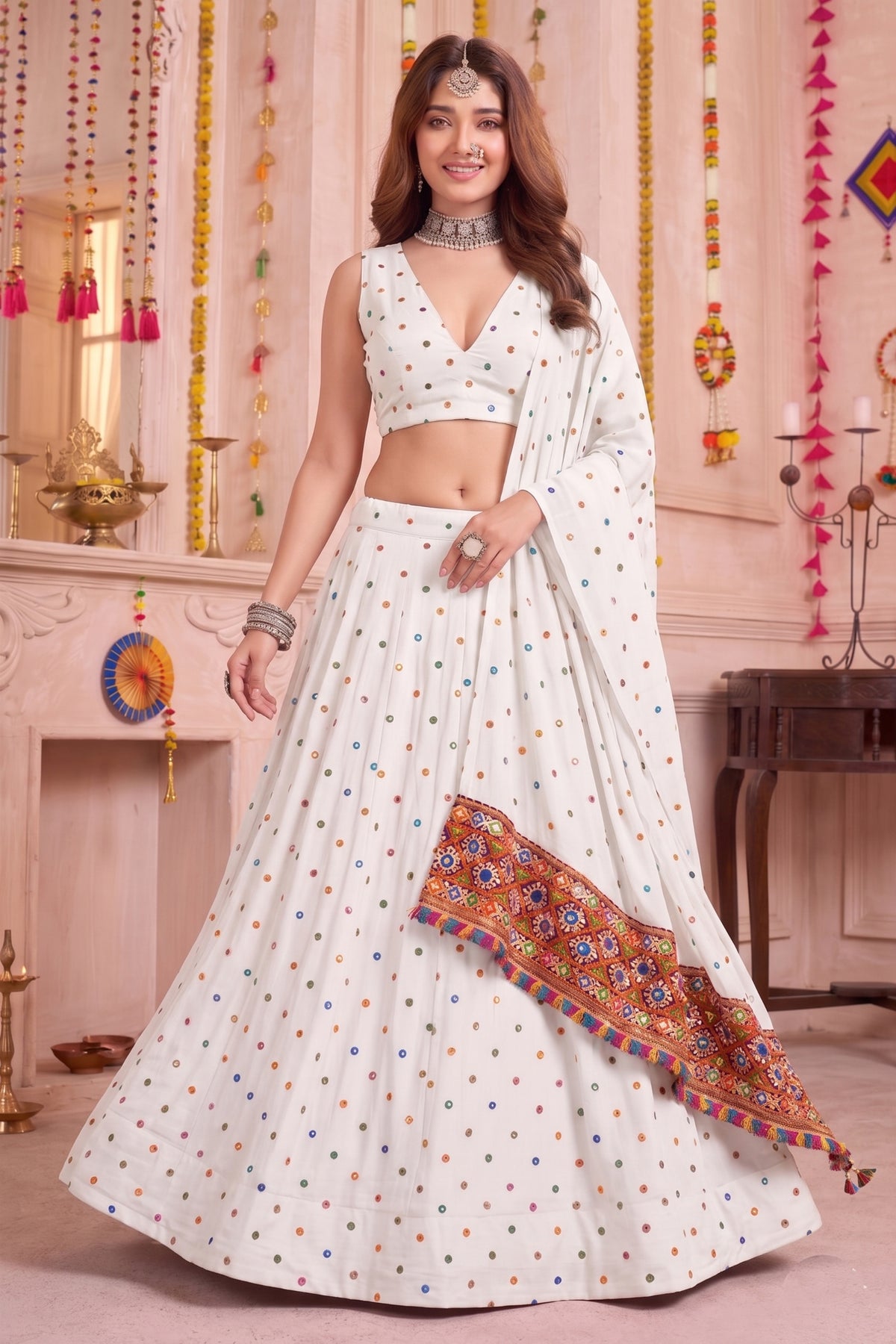 Stylish White Multicolor Rayon Thread Work Designer Lehenga Choli with Dupatta