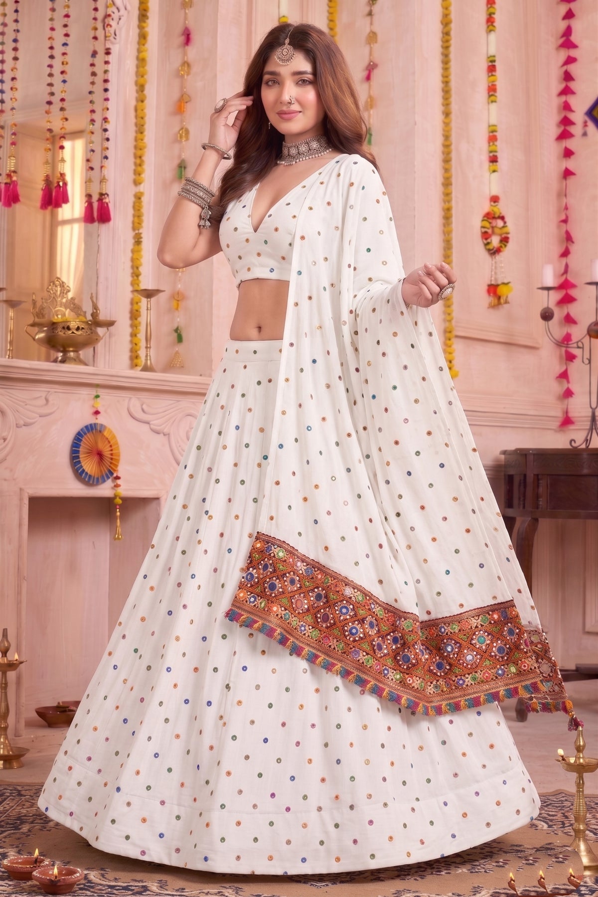 Stylish White Multicolor Rayon Thread Work Designer Lehenga Choli with Dupatta