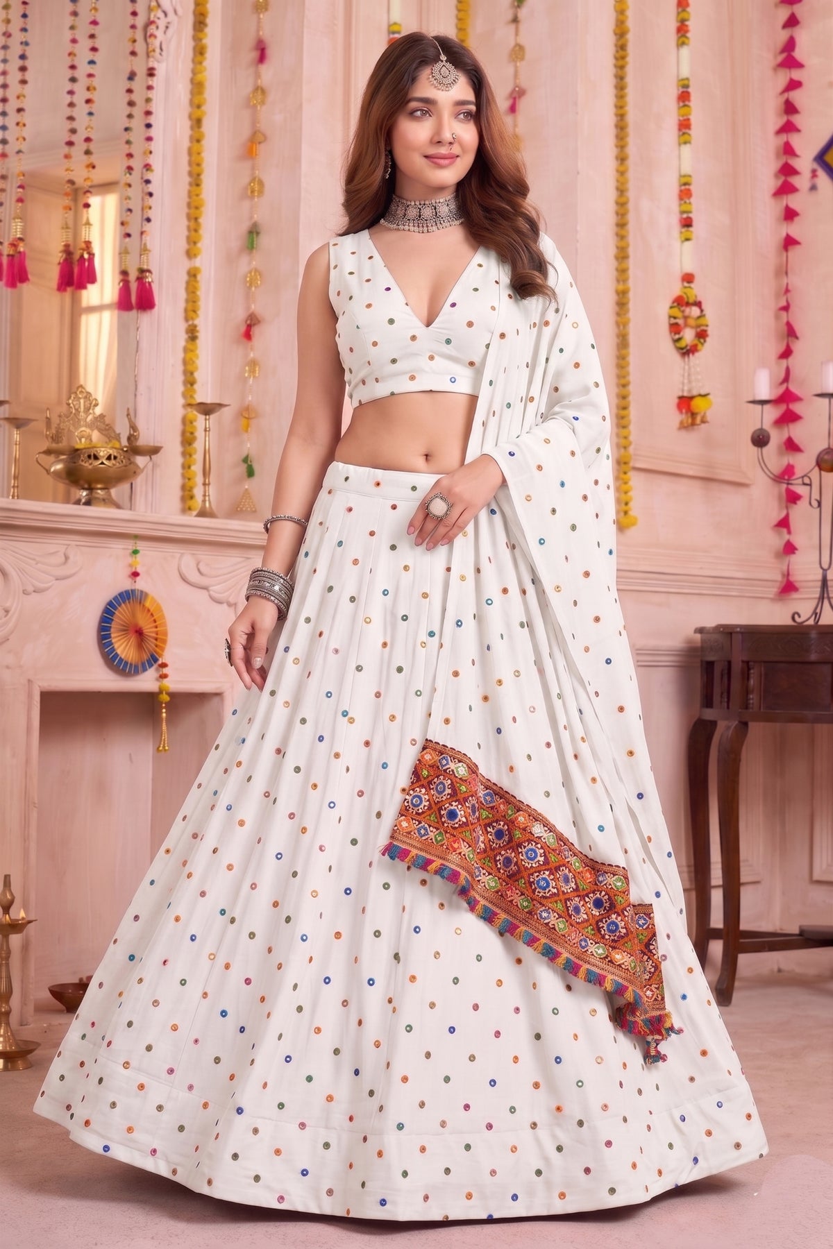 Stylish White Multicolor Rayon Thread Work Designer Lehenga Choli with Dupatta
