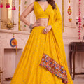 Trendy Yellow Multicolor Rayon Thread Work Designer Lehenga Choli with Dupatta