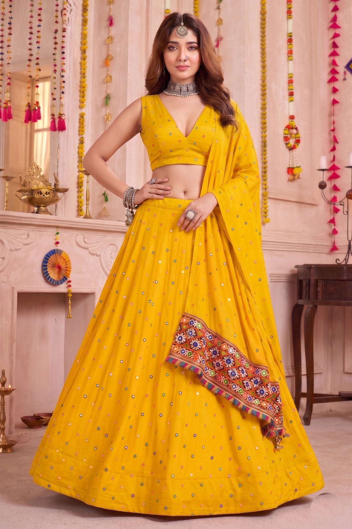 Trendy Yellow Multicolor Rayon Thread Work Designer Lehenga Choli with Dupatta