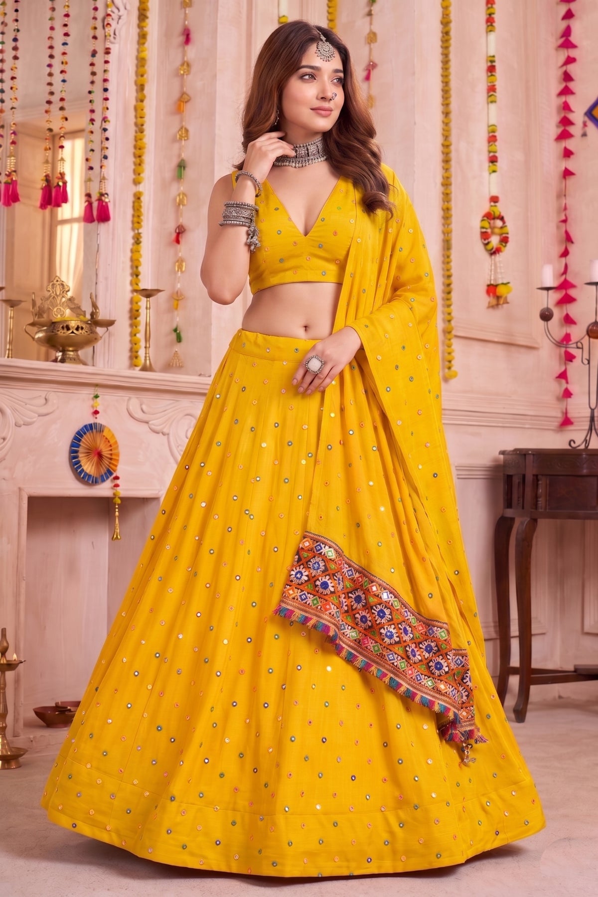 Trendy Yellow Multicolor Rayon Thread Work Designer Lehenga Choli with Dupatta