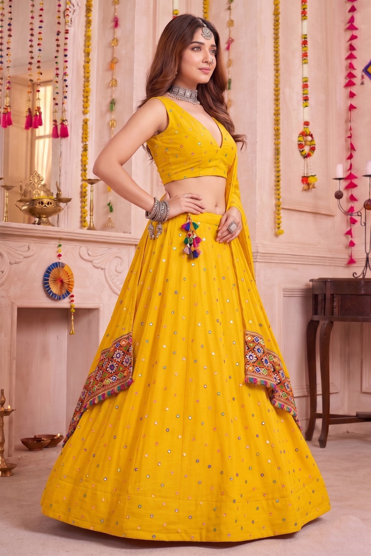 Trendy Yellow Multicolor Rayon Thread Work Designer Lehenga Choli with Dupatta