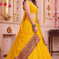 Trendy Yellow Multicolor Rayon Thread Work Designer Lehenga Choli with Dupatta