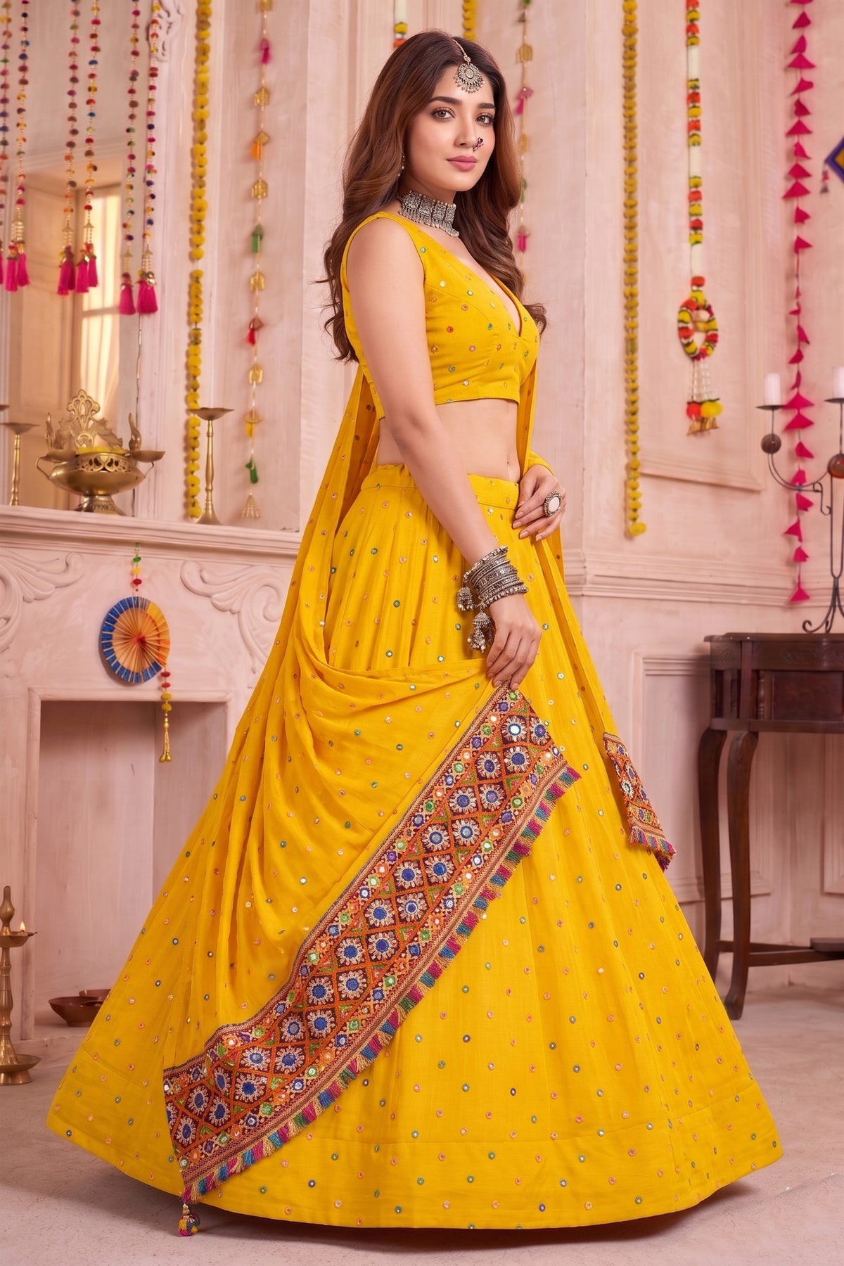 Trendy Yellow Multicolor Rayon Thread Work Designer Lehenga Choli with Dupatta