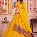 Trendy Yellow Multicolor Rayon Thread Work Designer Lehenga Choli with Dupatta