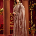 Beautiful Rose Pink Velvet Silk Saree Beads Sequins Work for Women