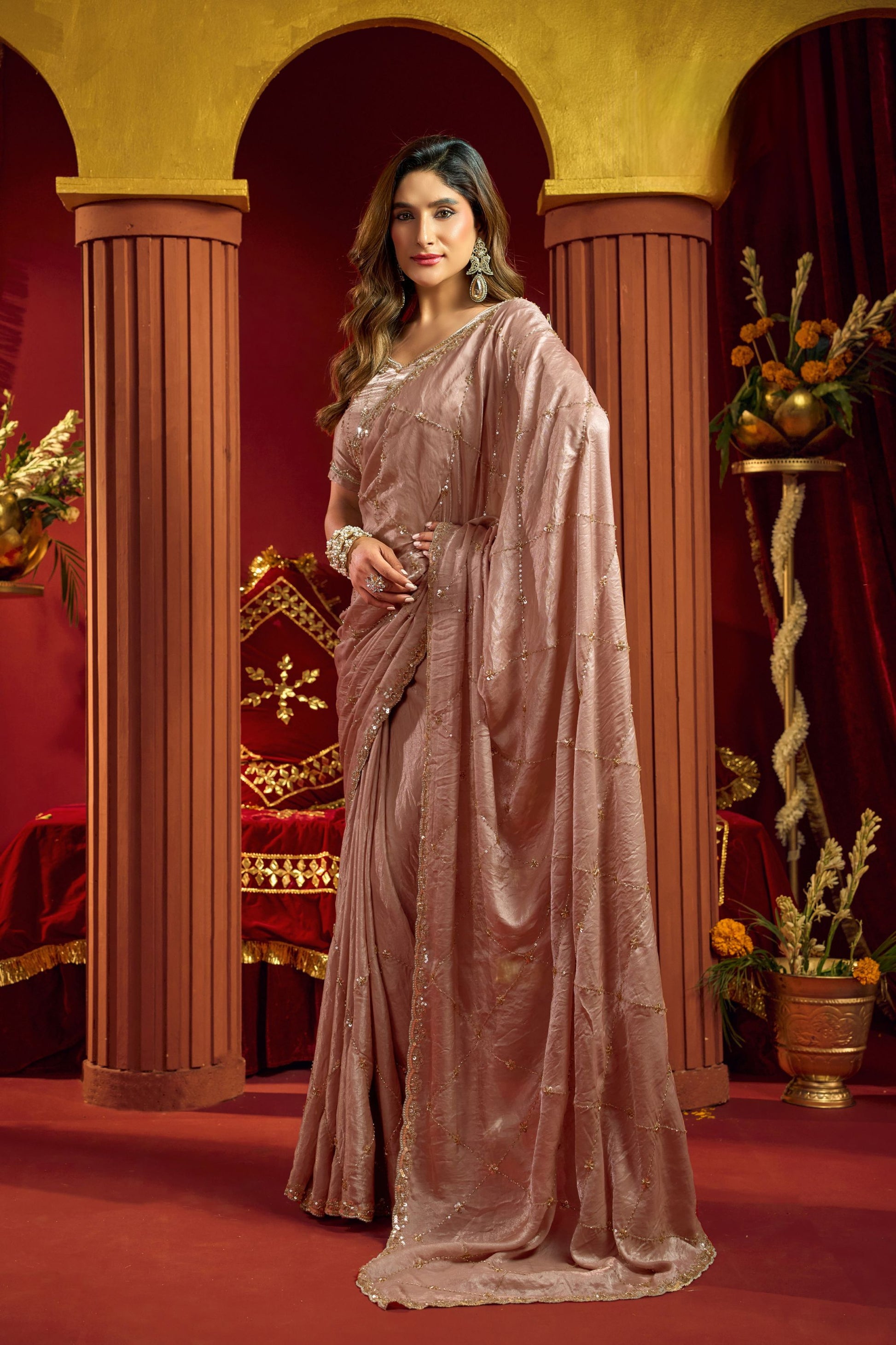 Beautiful Rose Pink Velvet Silk Saree Beads Sequins Work for Women