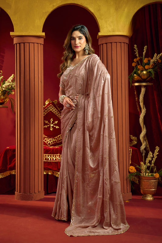 Beautiful Rose Pink Velvet Silk Saree Beads Sequins Work for Women
