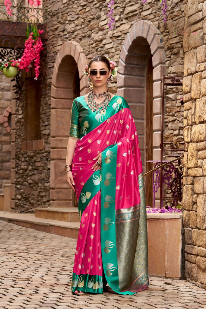  Rani Pink Emerald Green with Gold Zari Motifs and Rich Woven Border