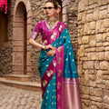 Teal Blue Magenta with Gold Zari Motifs and Rich Woven Border 