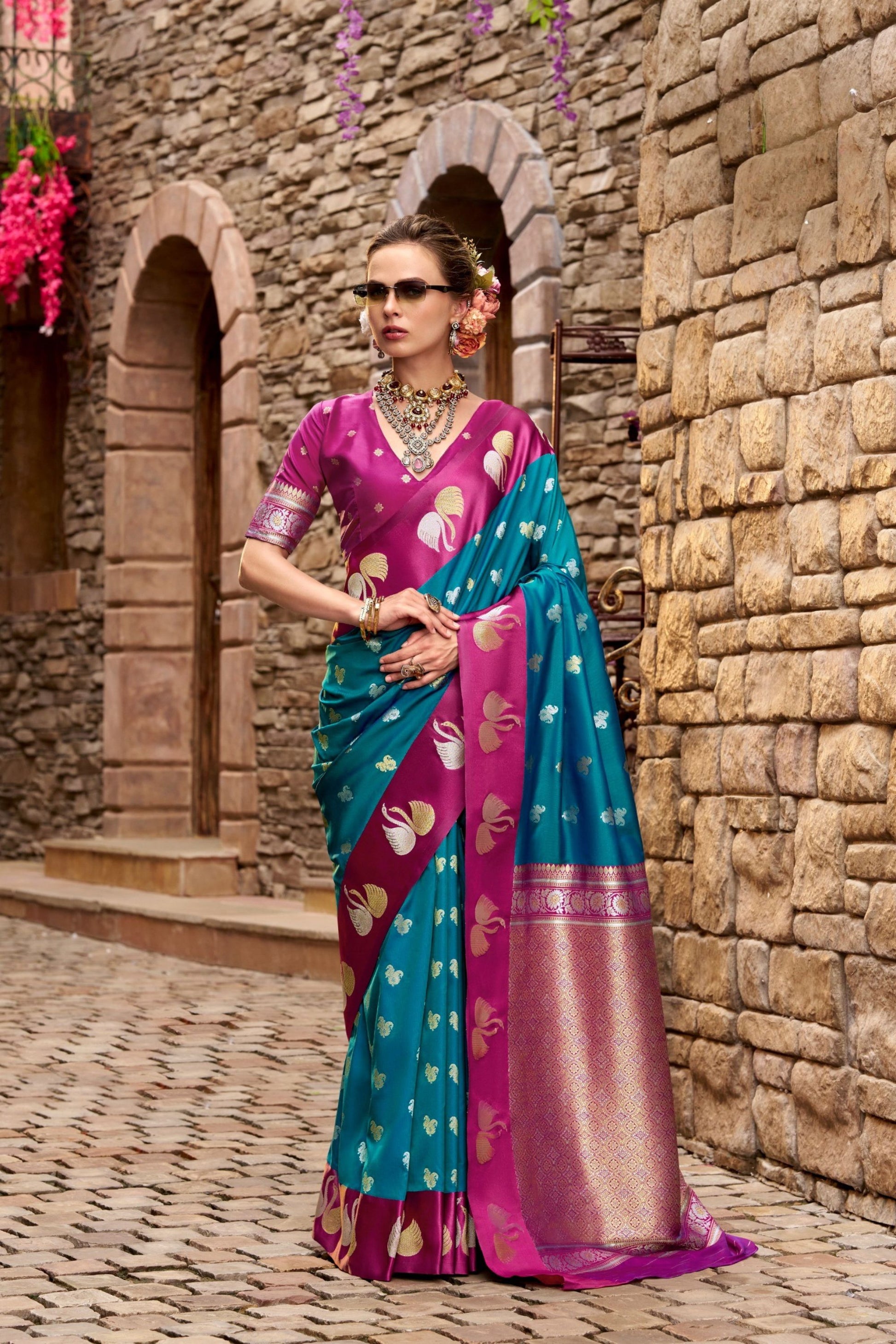 Teal Blue Magenta with Gold Zari Motifs and Rich Woven Border 