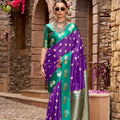 Purple And Green with with Gold Zari Motifs and Rich Woven Border