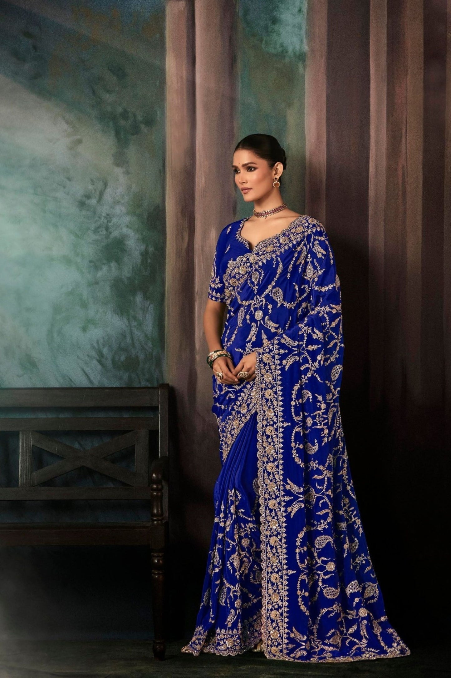 Royal Blue Heavy Embroidered Designer Saree with Blouse 