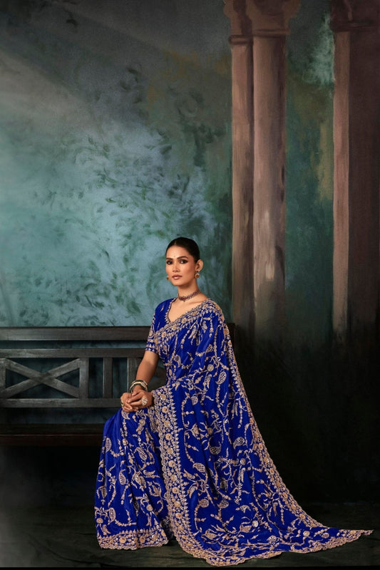 Royal Blue Heavy Embroidered Designer Saree with Blouse